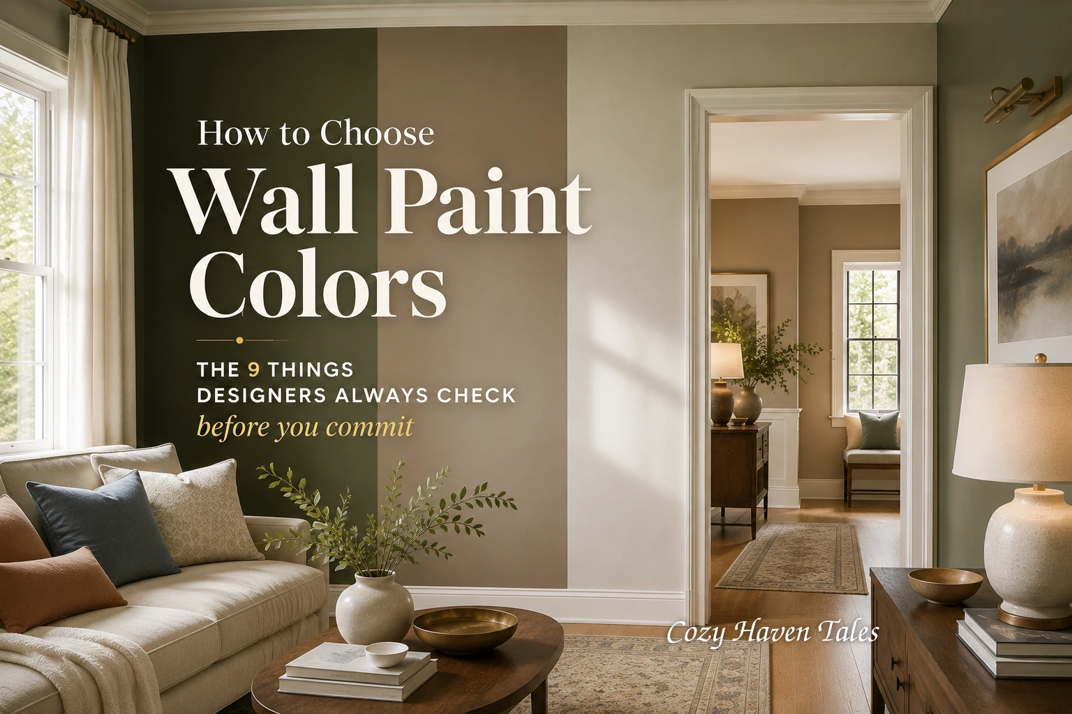 Things to consider when selecting wall paint colours - a warm living room with green, taupe and beige paint stripes tested on one wall, styled with a neutral sofa and console.