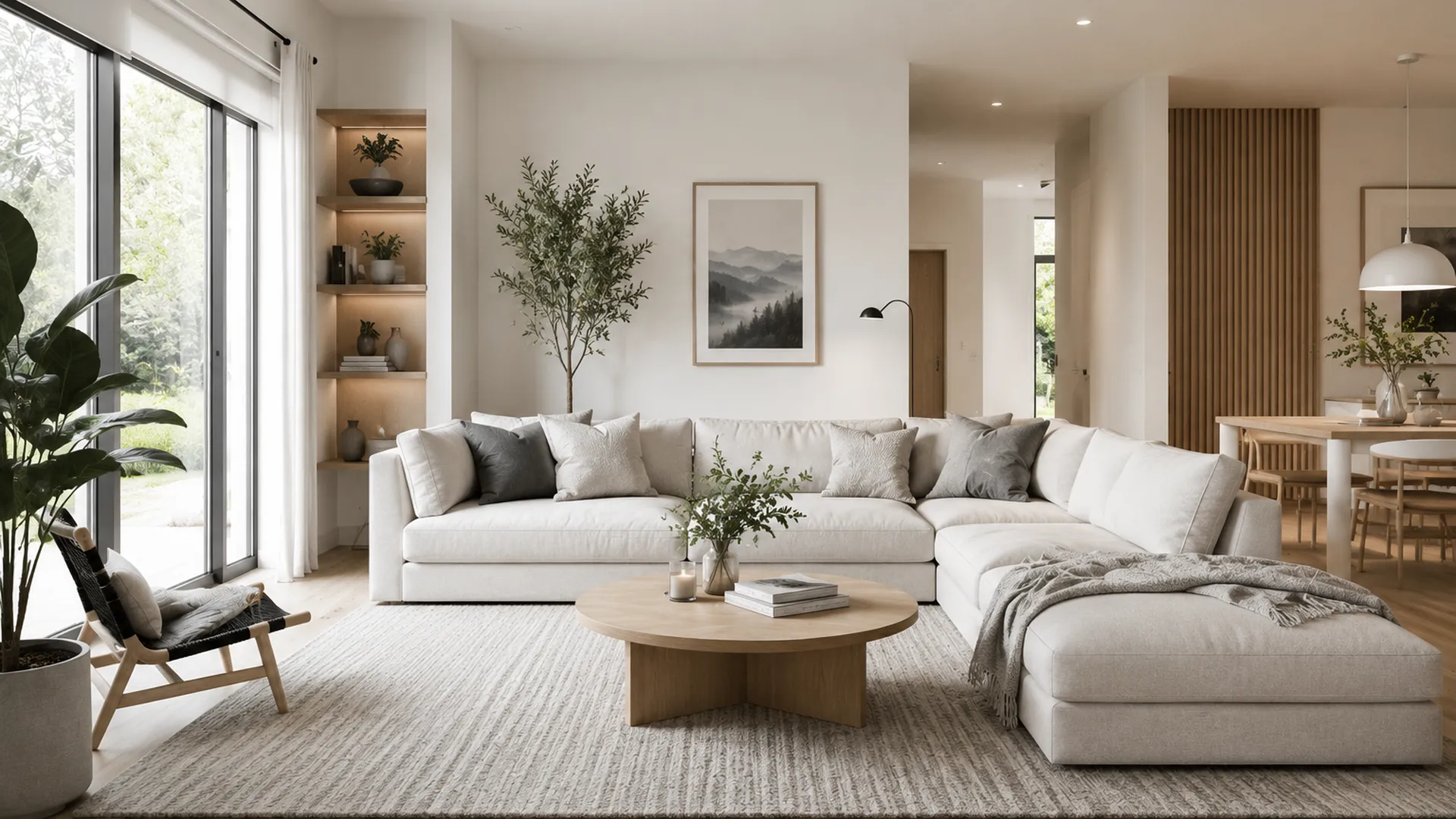 Warm modern minimalist living room with a large cream sectional sofa, round wood coffee table, neutral rug, indoor plants and an open dining area.