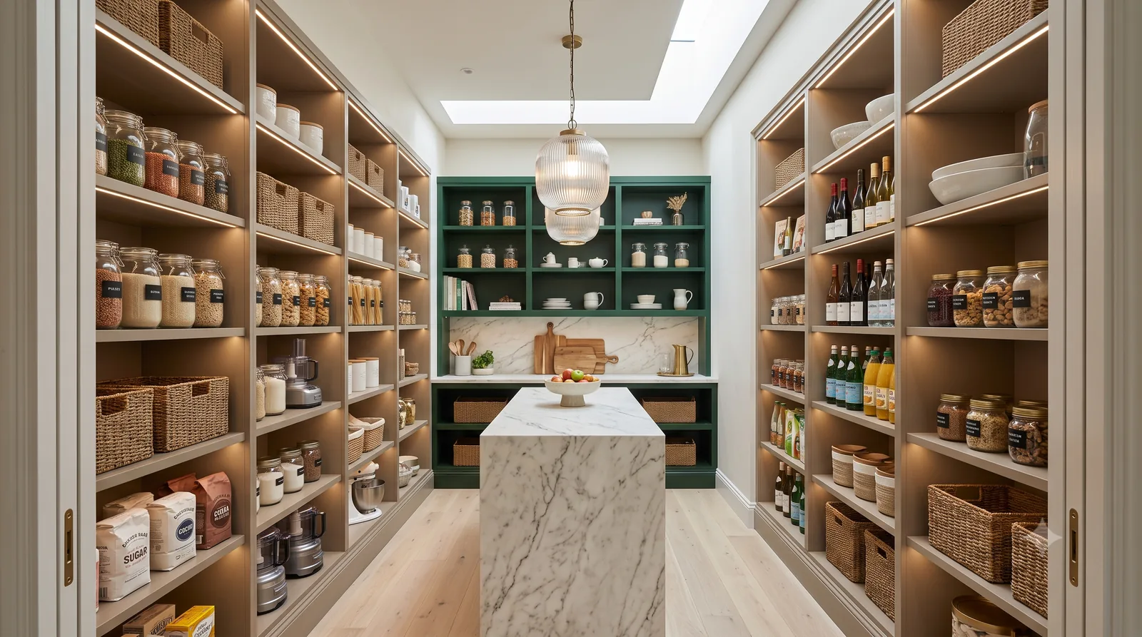 Spacious walk-in pantry with floor-to-ceiling wooden shelves, organised jars and a marble central island