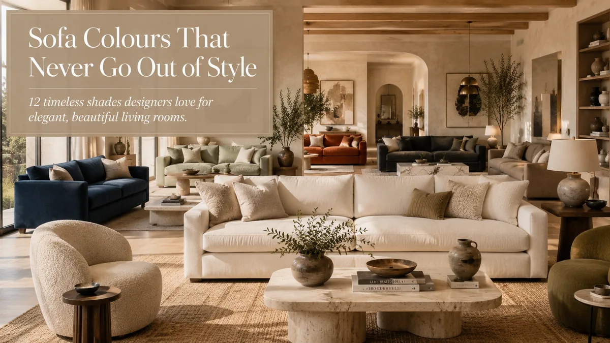 Luxury living room showcasing timeless sofa colours including warm white, navy blue, sage green, terracotta, charcoal and taupe in elegant contemporary interiors.