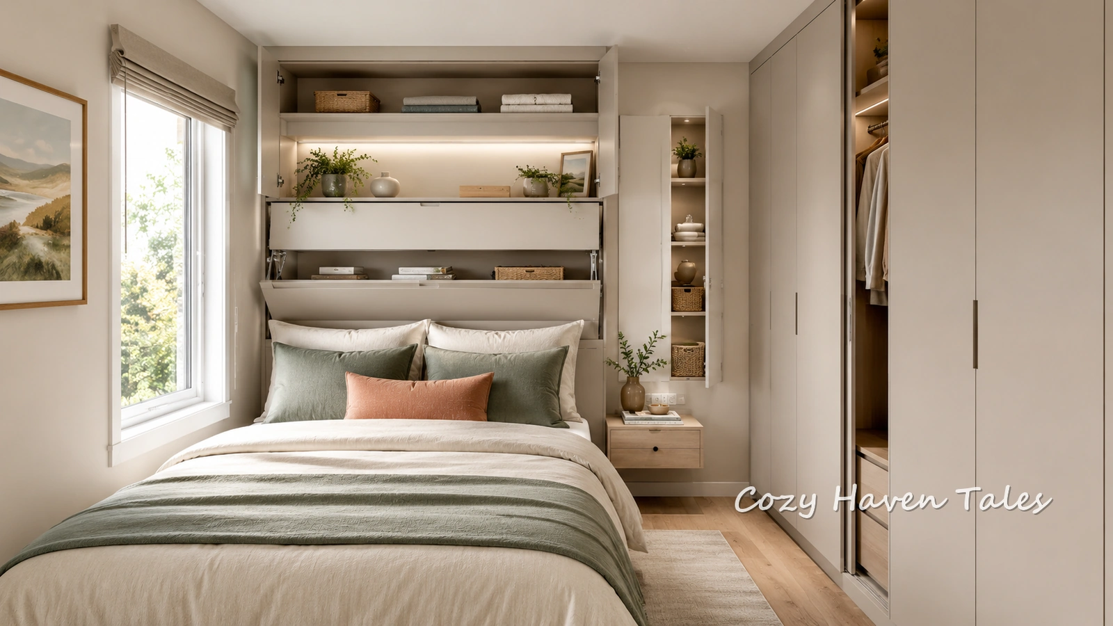 A wide view of a small bedroom with built-in overhead storage cabinets above the bed and a full wall of wardrobes with an open closet, an example of **small bedroom look less cluttered** design.