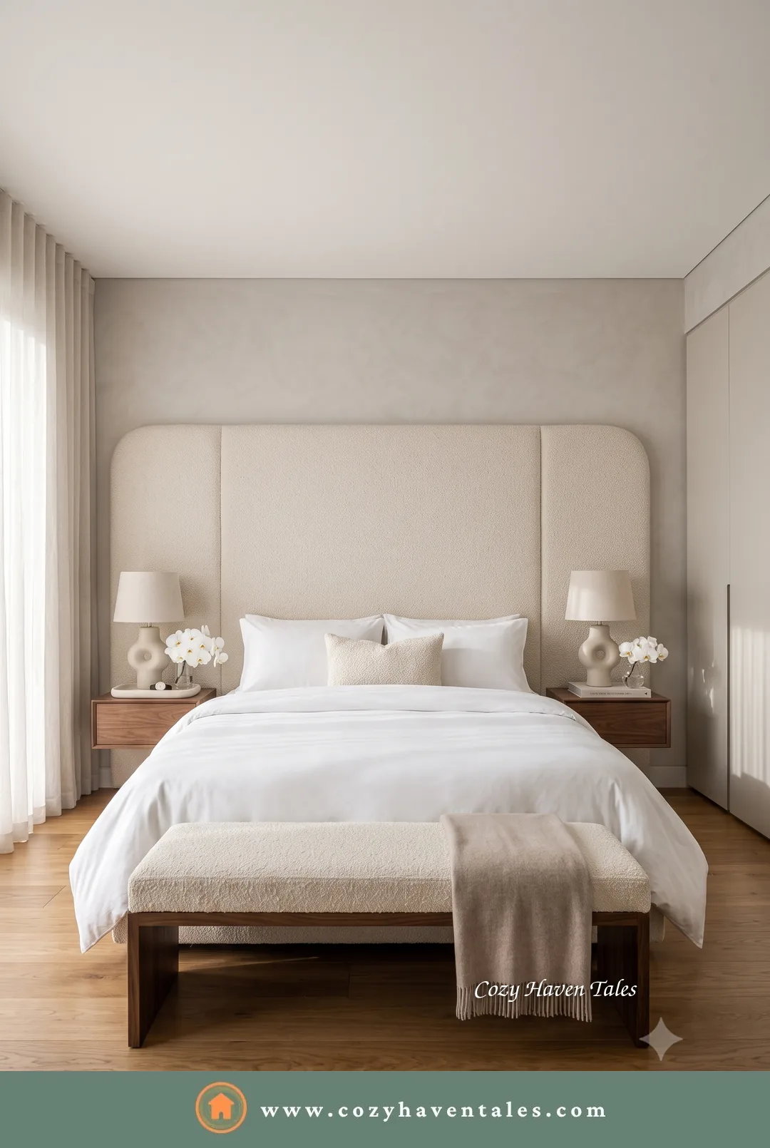 Hotel-like bedroom with a neutral palette, cream upholstered headboard, walnut nightstands, white ceramic lamps and layered beige bedding on a jute rug.