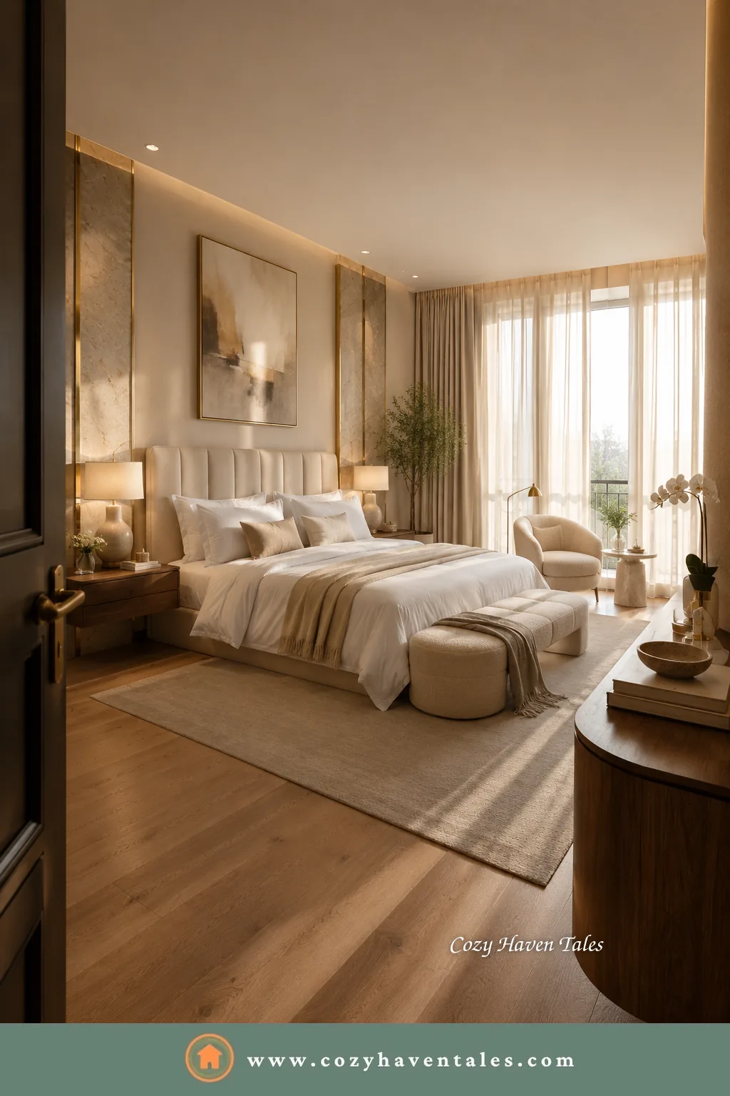 Hotel-like bedroom with a framed statement art piece over the bed, warm sconce lighting, wood floors and a layered rug.