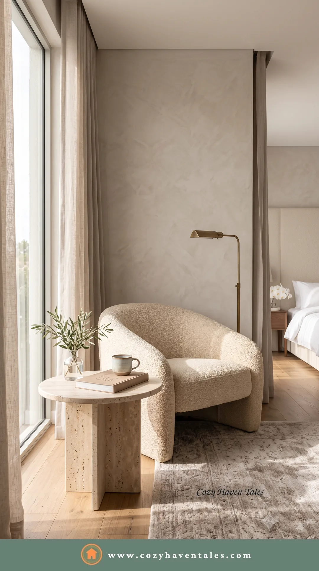 Hotel-like bedroom reading corner with a cream boucle accent chair, a travertine side table, a coffee cup and a plant by sheer curtains.