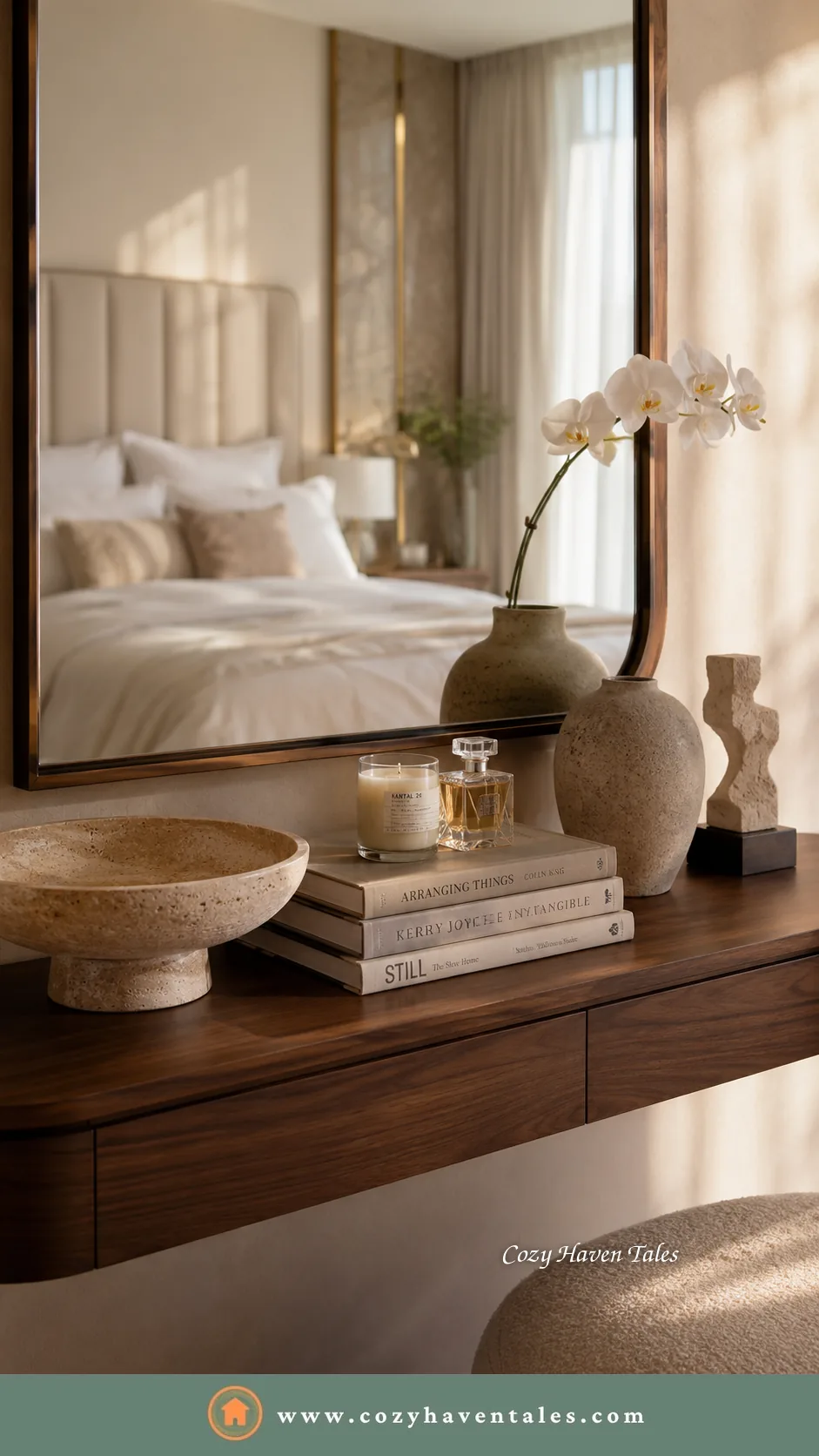 Hotel-like bedroom with an oversized mirror above a walnut console styled with a candle, travertine bowl, vases and books.