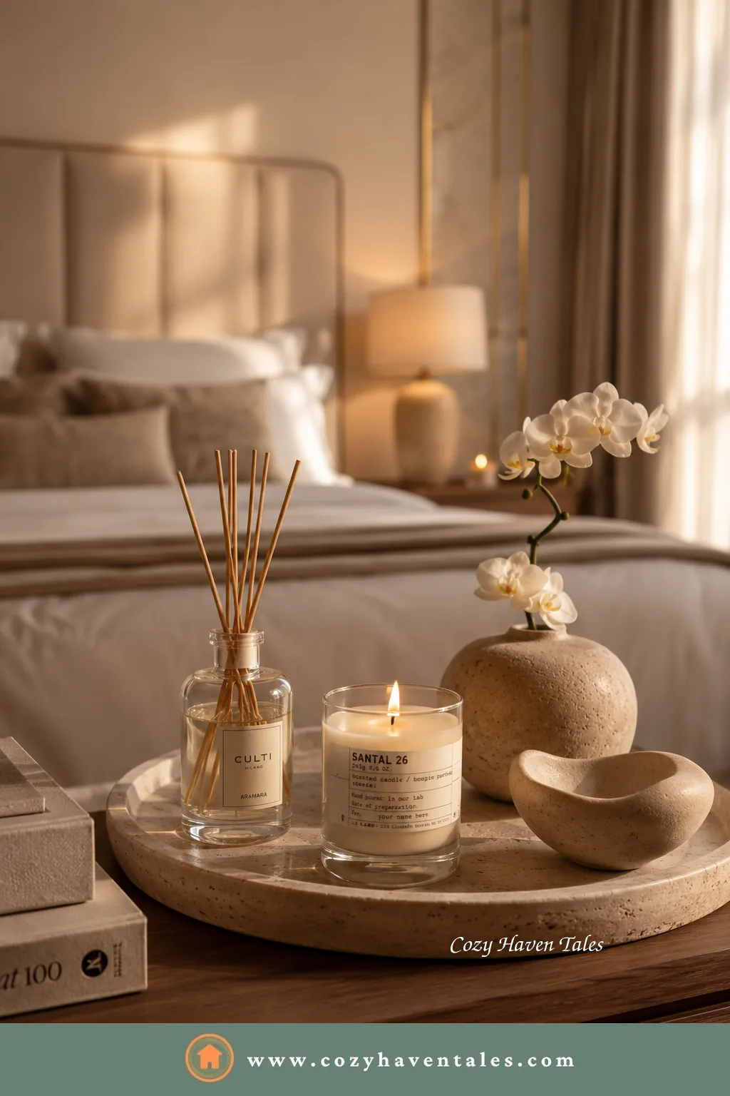 Hotel-like bedroom nightstand vignette with a reed diffuser, a lit candle, a white orchid and books on a travertine tray.