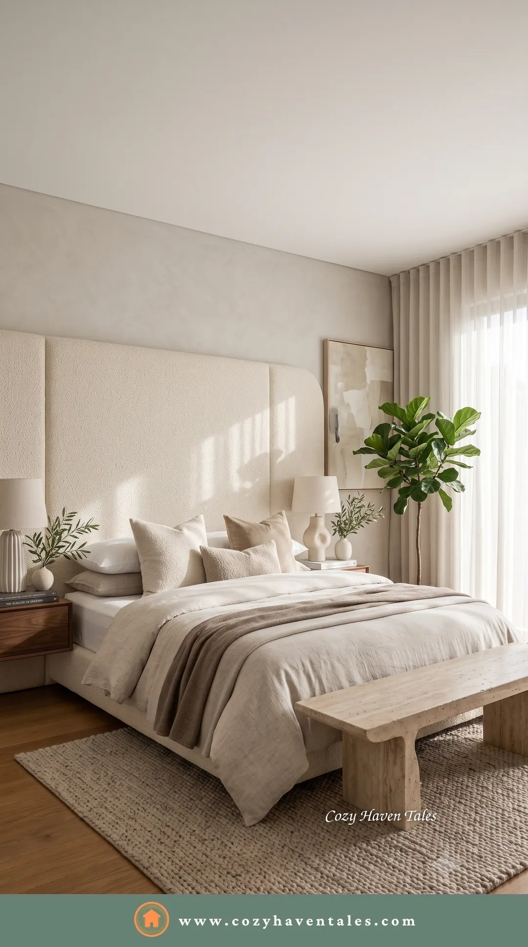 Hotel-like bedroom with a tall cream upholstered statement headboard, walnut nightstands, a fiddle-leaf plant and a travertine bench.