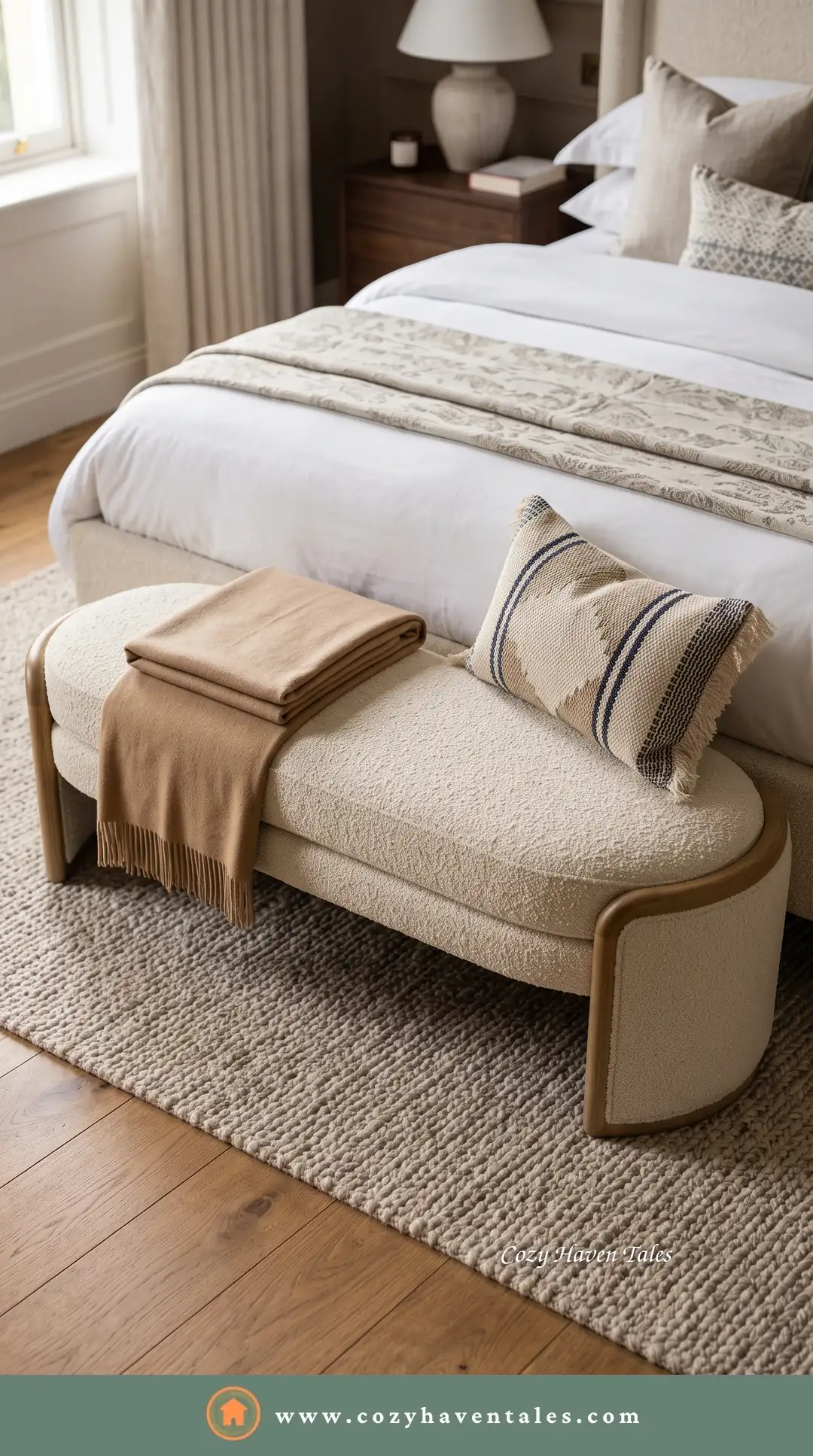 Hotel-like bedroom layered with texture: waffle and knit bedding, a boucle bench, a tan throw and a striped lumbar pillow on a jute rug.