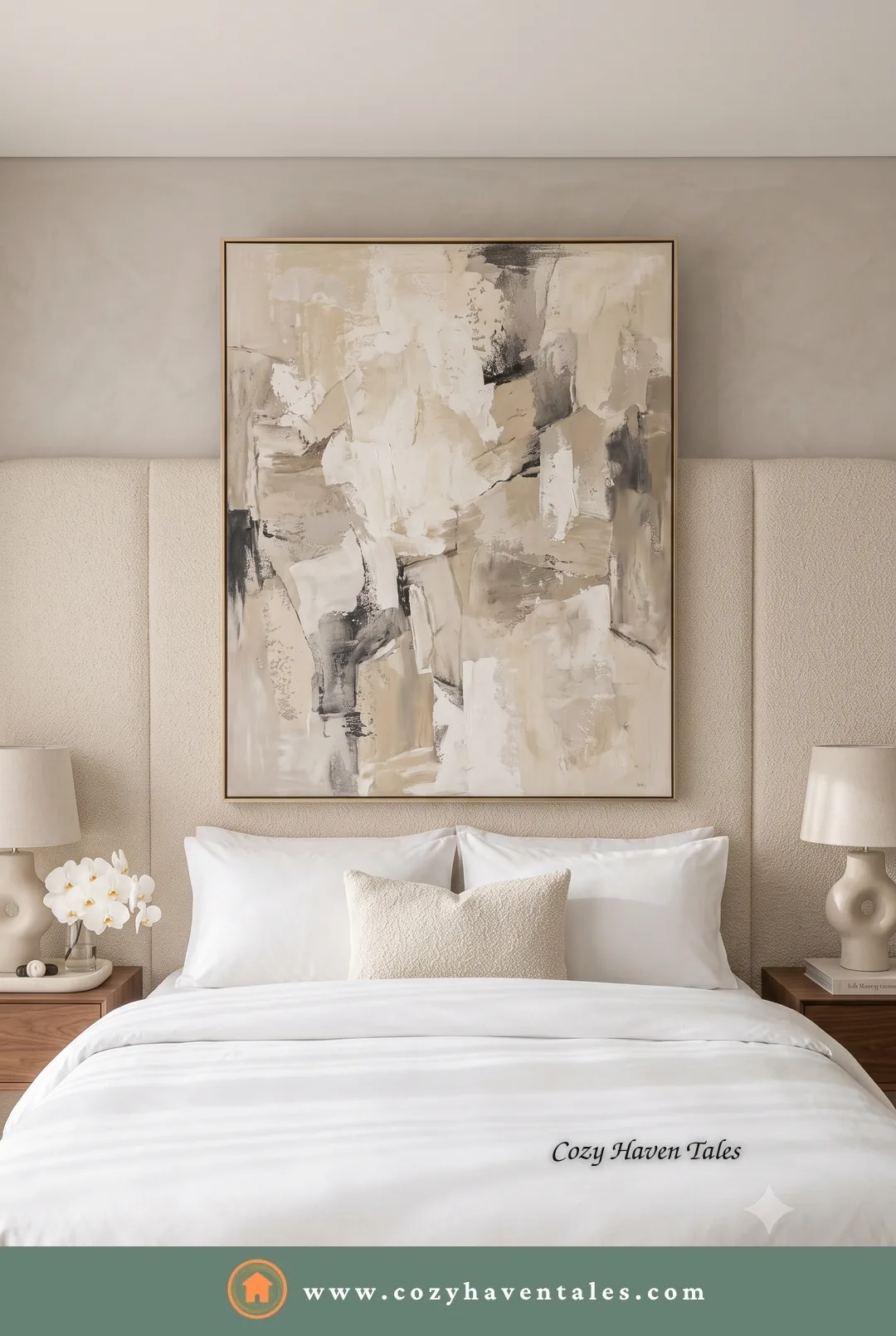 Hotel-like bedroom with crisp white hotel bedding, an abstract art piece, an upholstered headboard and white ceramic lamps on walnut nightstands.