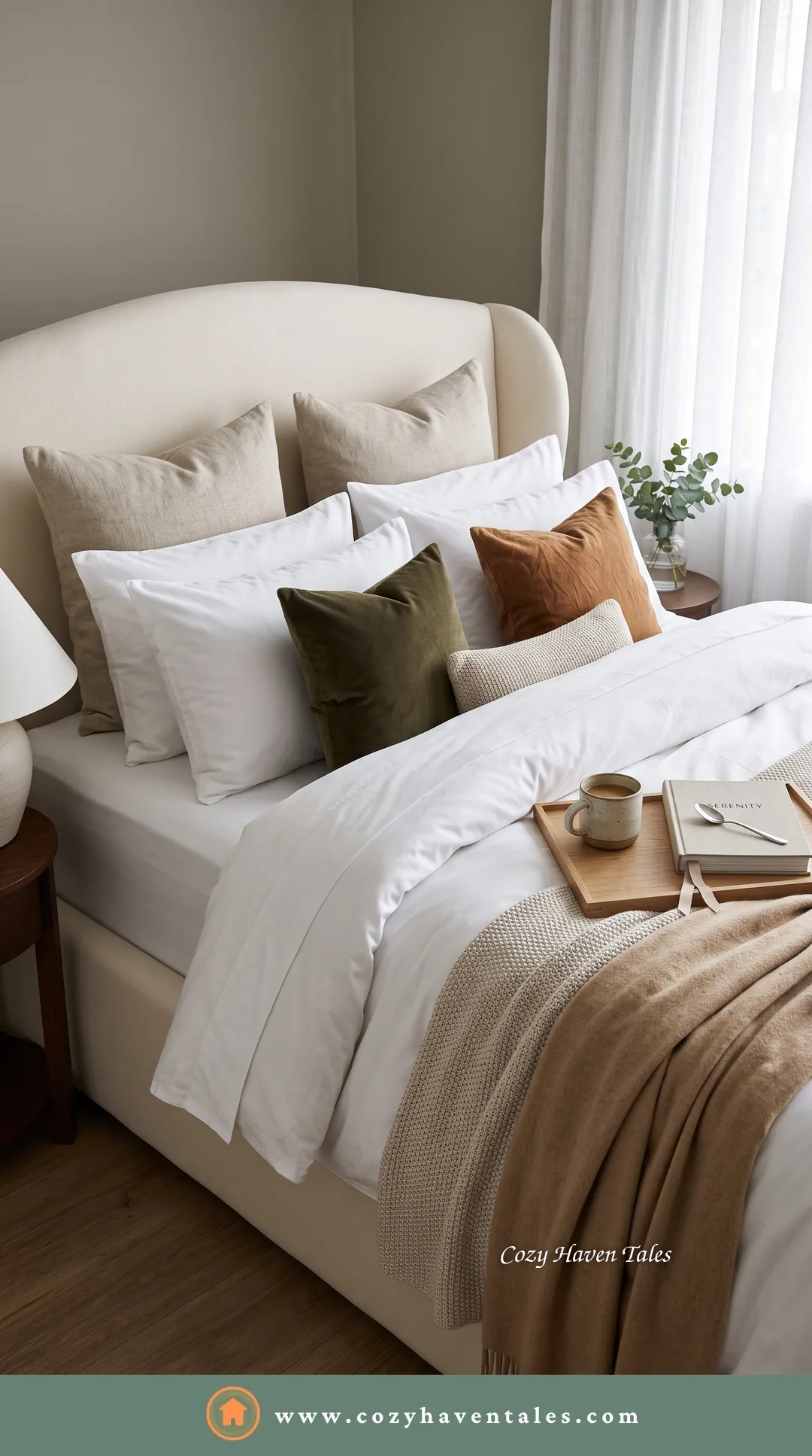 Hotel-like bedroom with layered pillow styling: white shams, olive and rust accent pillows, a tan throw and a breakfast tray on white bedding.