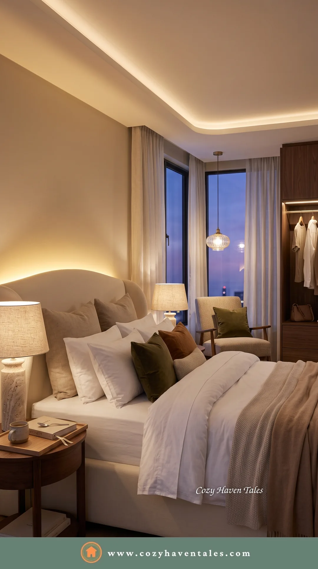 Hotel-like bedroom at dusk with layered lighting: warm cove ceiling light, a bedside lamp and a soft glow over olive and rust pillows.
