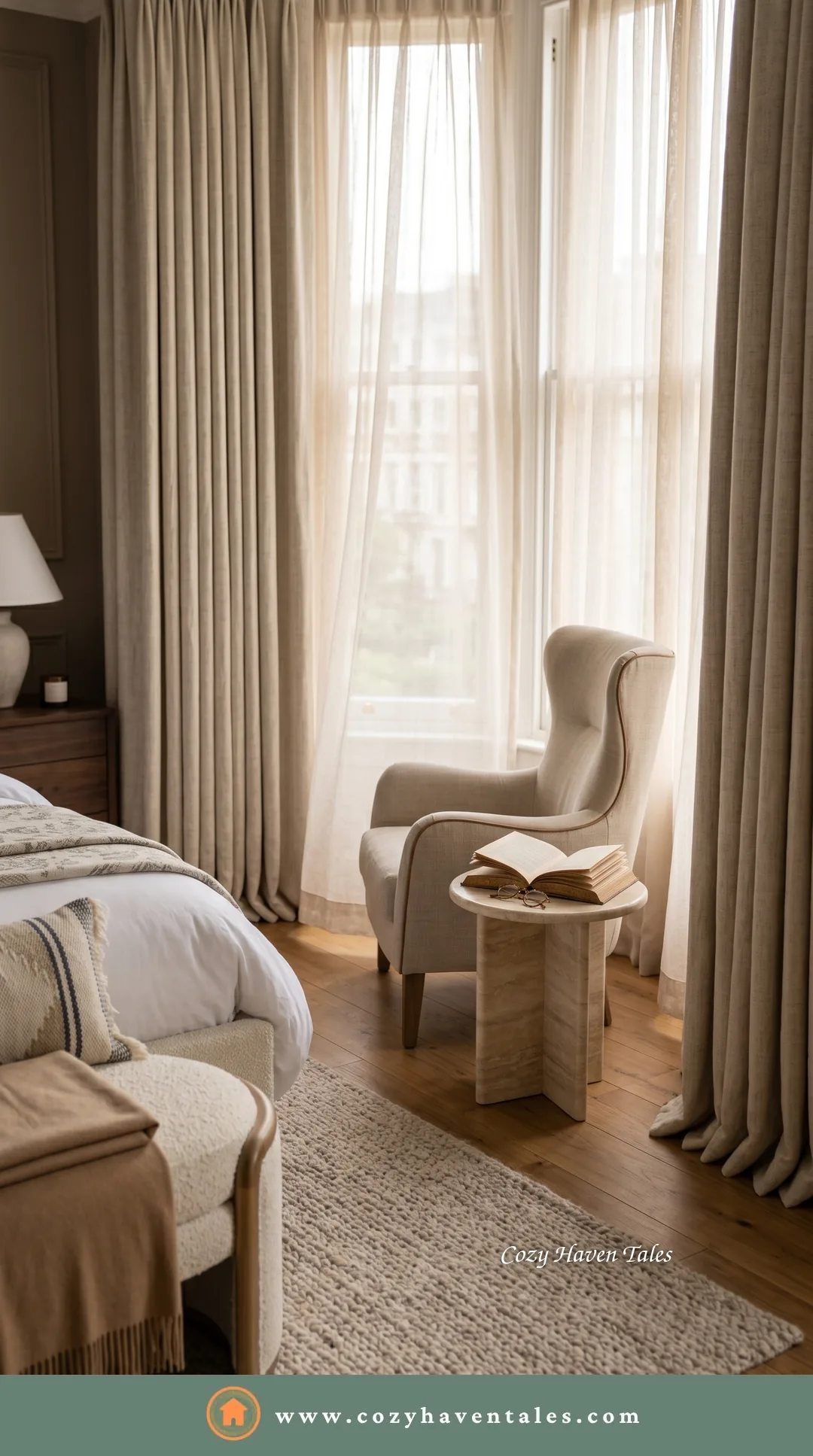 Hotel-like bedroom corner with a boucle wingback chair, a travertine side table and a soft rug underfoot beside floor-length curtains.