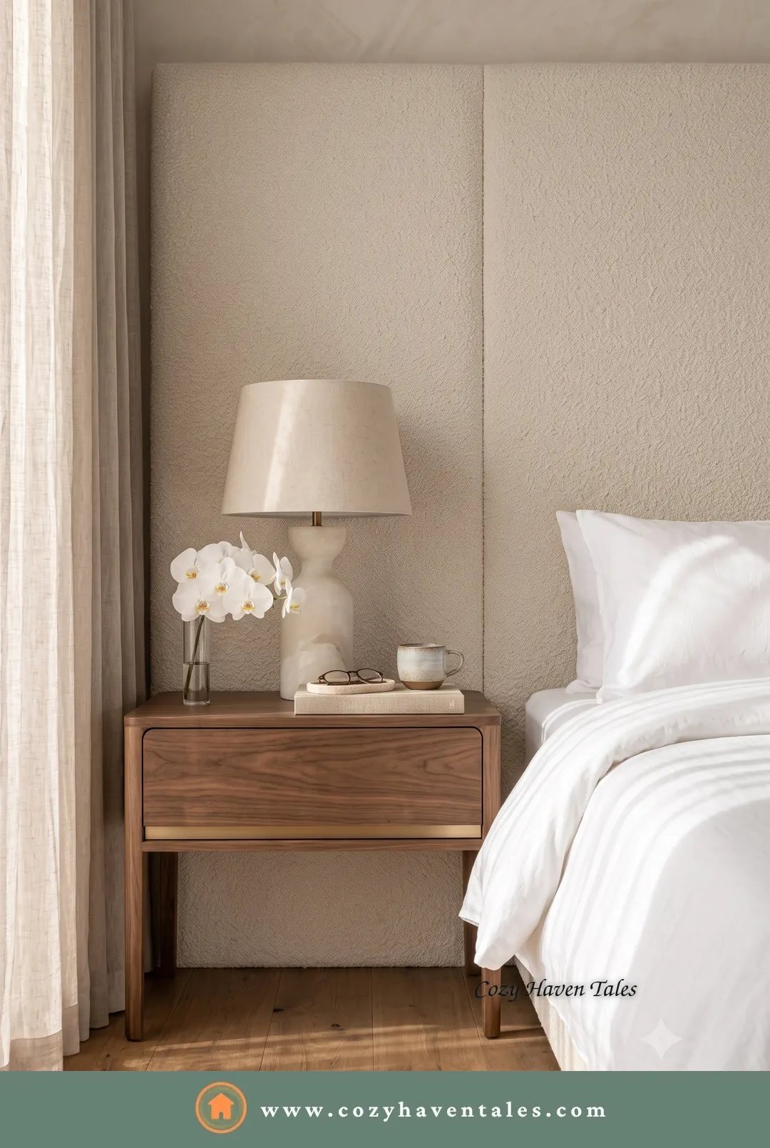 Hotel-like bedroom with a clutter-free walnut nightstand styled with a single white orchid and sculptural lamp beside clean white bedding.