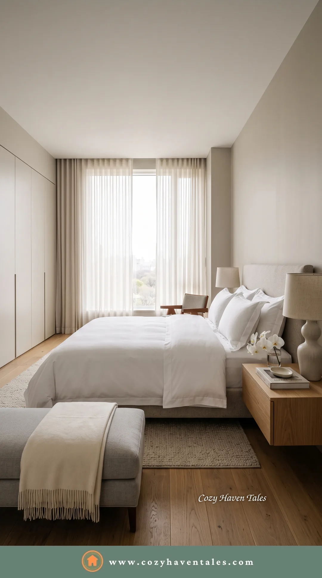 Hotel-like bedroom with floor-length sheer curtains framing a window, a low bed, a built-in wardrobe and a bench at the foot.