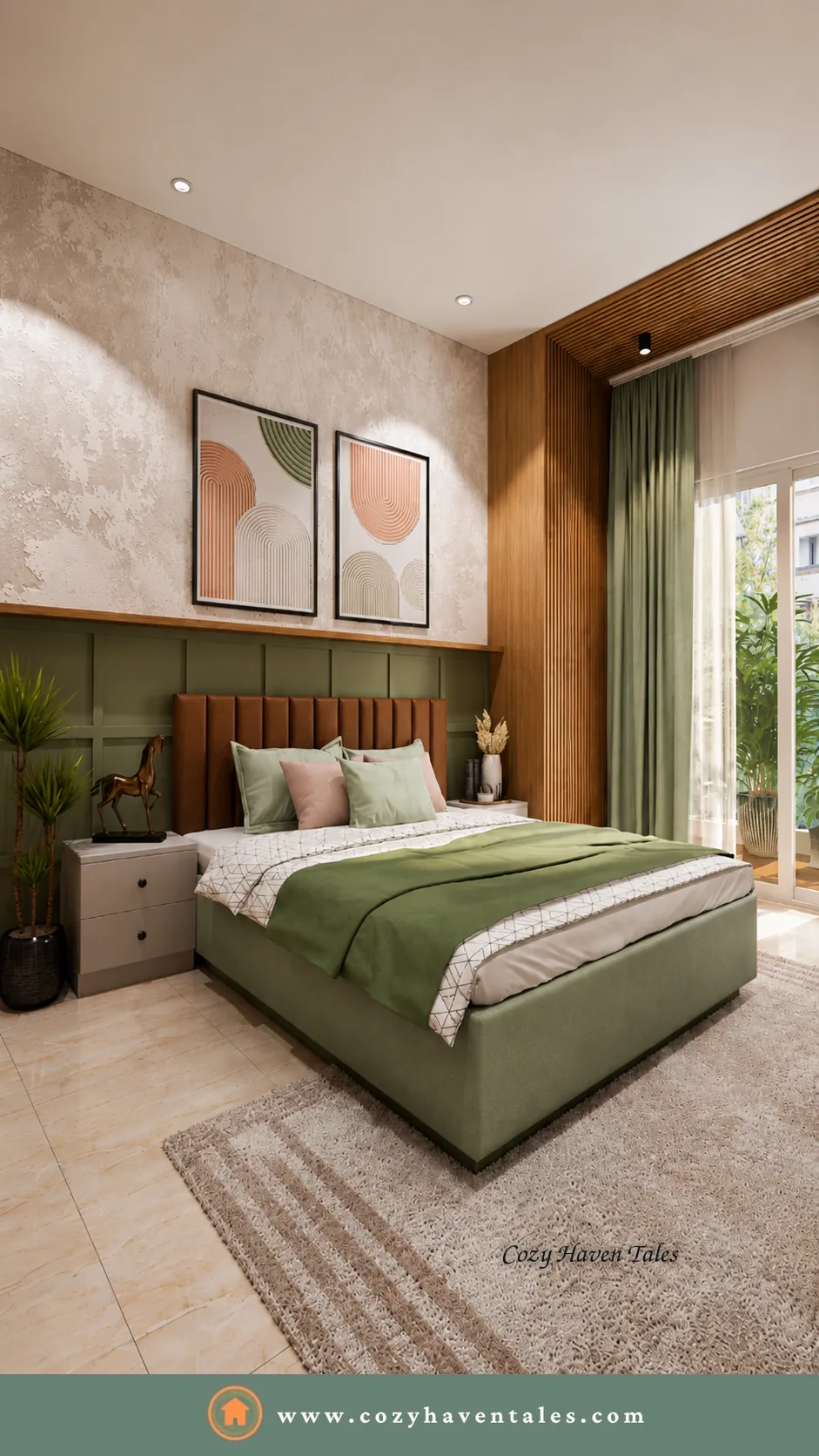 Things to consider when selecting wall paint colours: a calming green bedroom with sage green wainscoting, a terracotta upholstered bed and abstract wall art.