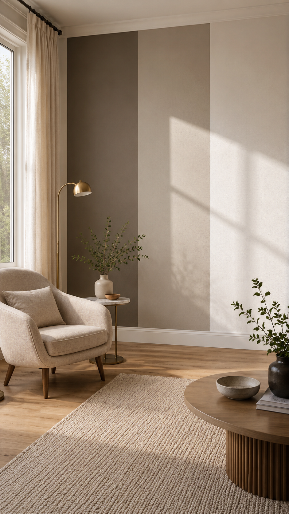 Selecting wall paint colors with different LRV levels shown through mahogany, mushroom taupe, and blush white wall panels