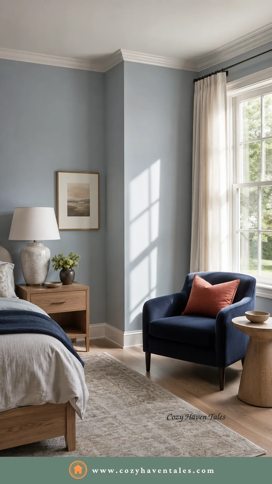 Selecting wall paint colors in a blue-gray bedroom where natural light changes how the wall color appears