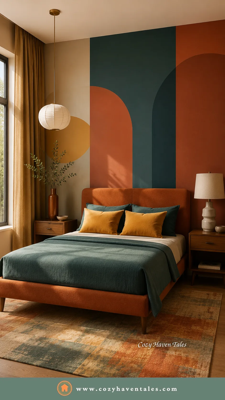 Bold terracotta and teal colour-block accent wall in a mid-century bedroom with an orange bed frame, teal bedding and a woven pendant light.