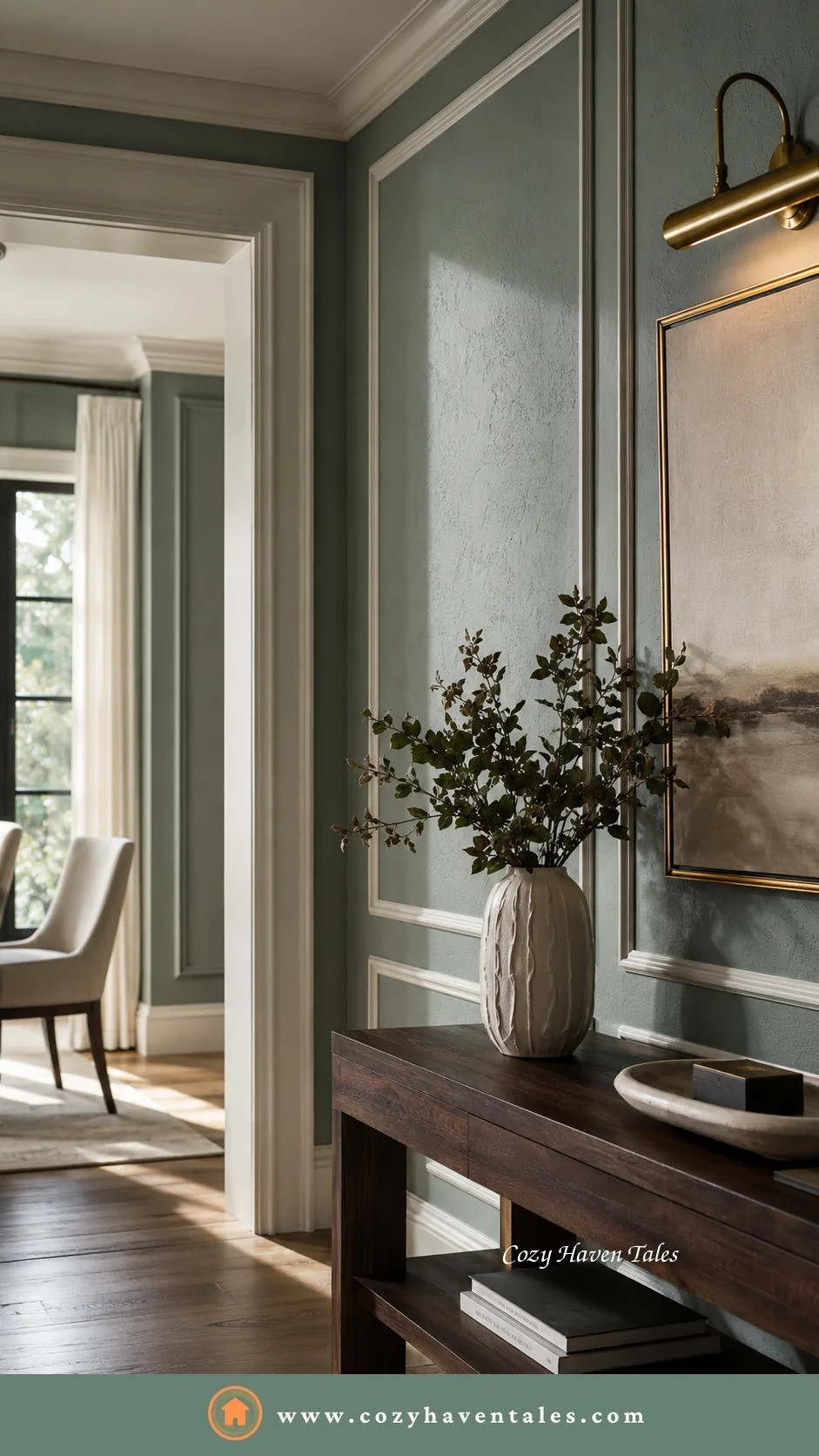 Selecting wall paint colors with eucalyptus green textured walls, warm white trim, moldings, and natural daylight