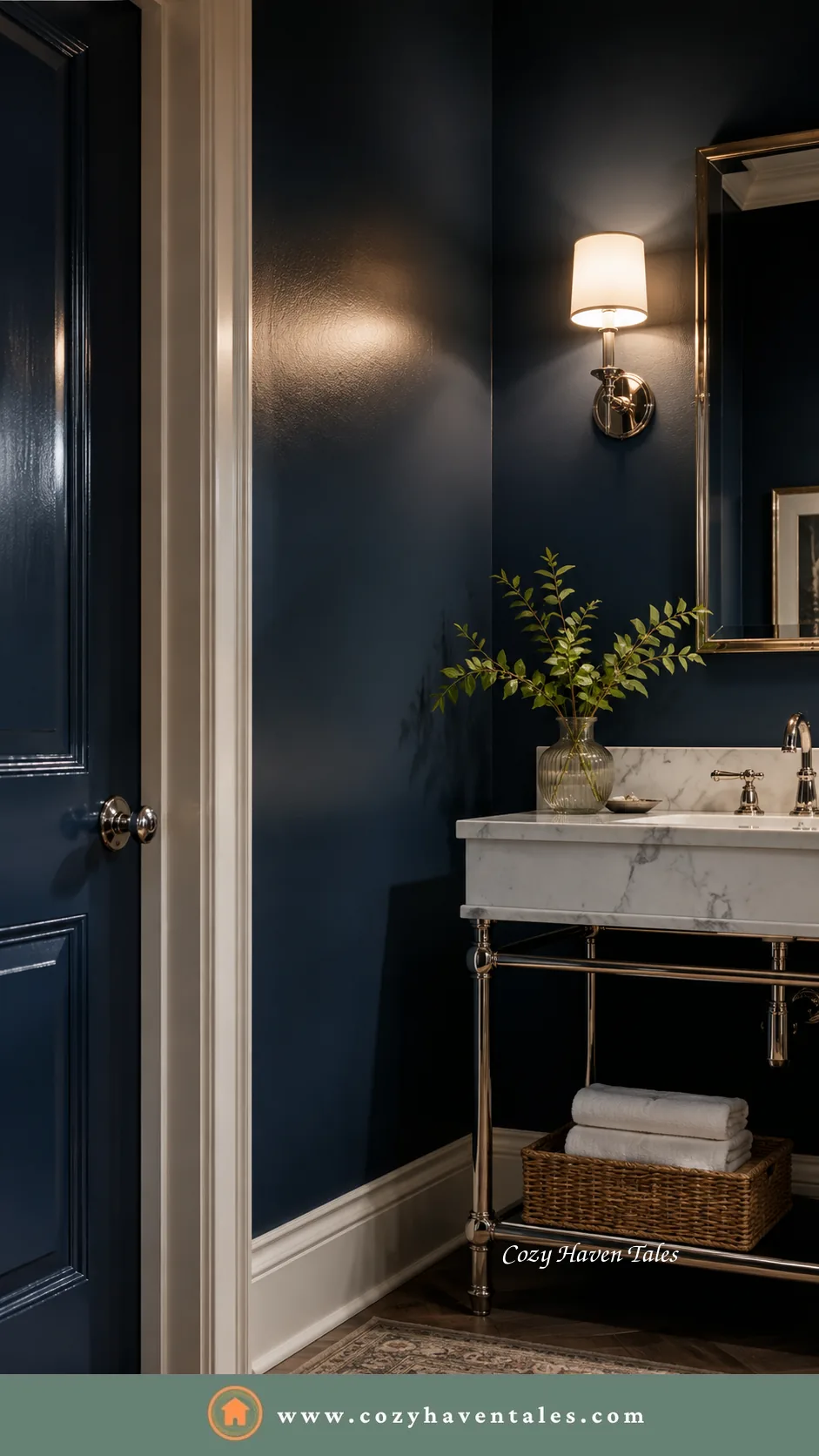 Selecting wall paint colors with navy satin walls, semi-gloss trim, and reflective paint finishes in a powder room