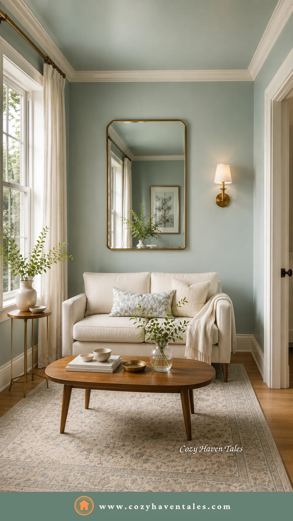 Selecting wall paint colors to make a small sitting room feel larger with misty blue-green walls and ceiling