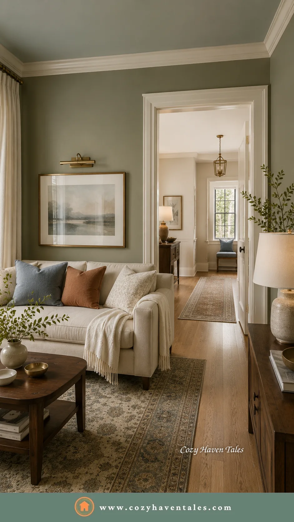 Selecting wall paint colors with a timeless whole-home palette flowing from an olive green living room to a warm neutral hallway