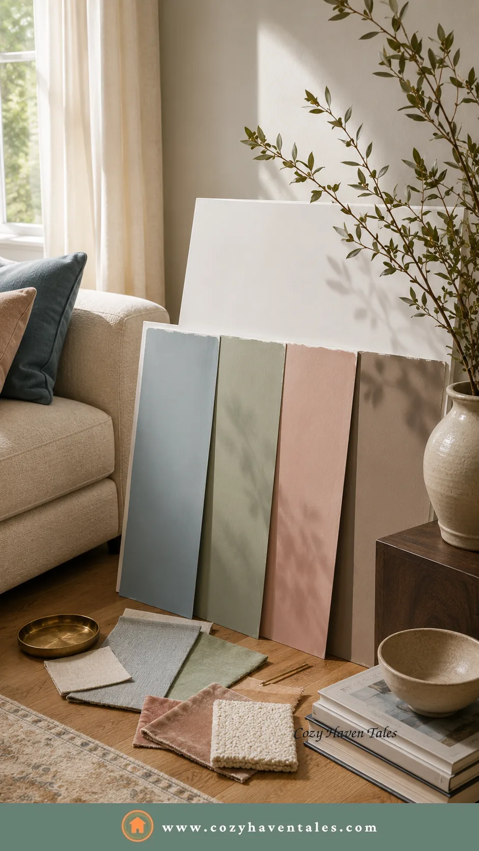 Selecting wall paint colors based on room mood in a stylish bedroom with calming blue-green walls