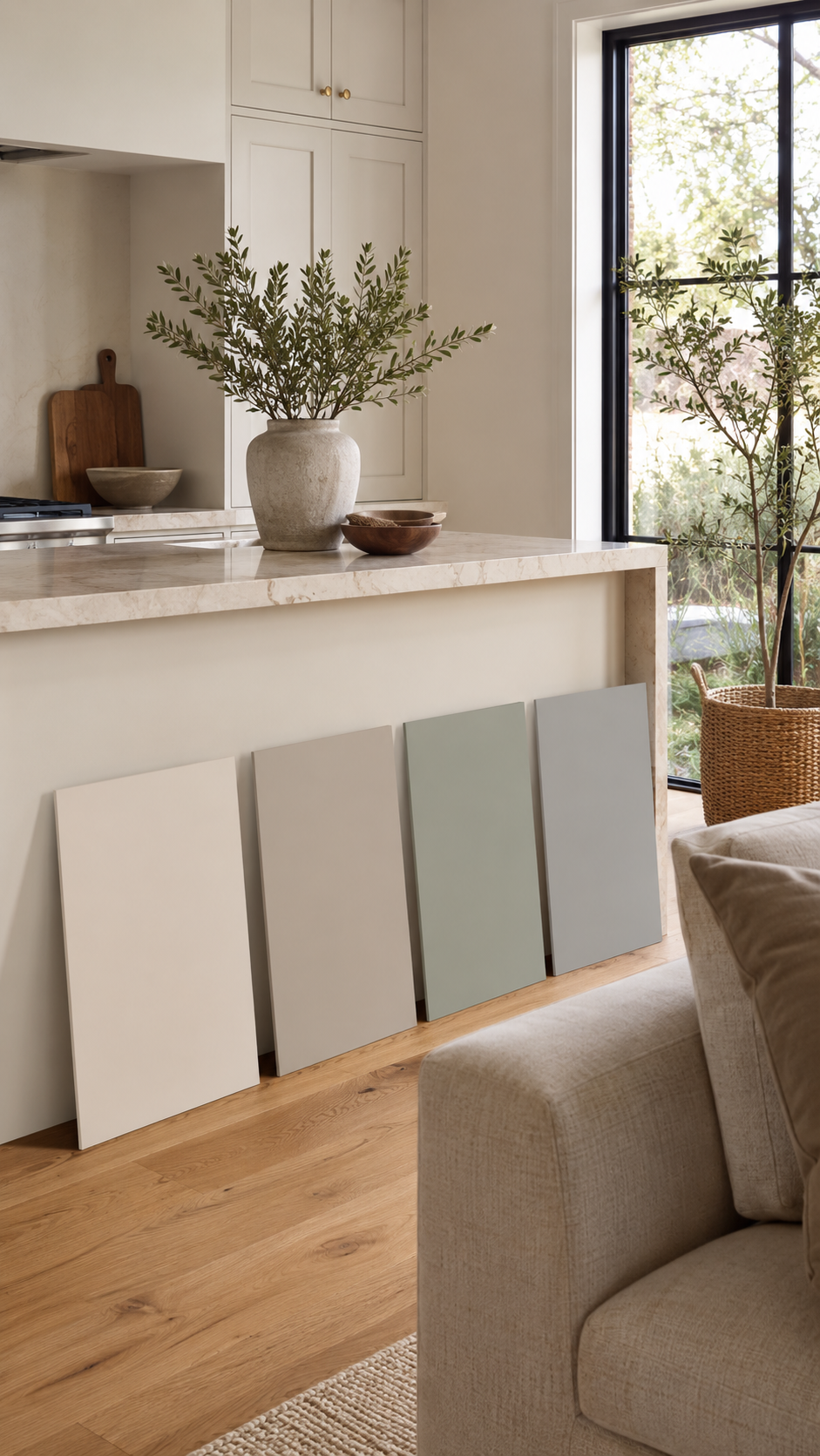 Selecting wall paint colors by comparing undertones with dusty blue, pistachio sage, clay pink, and mushroom taupe samples