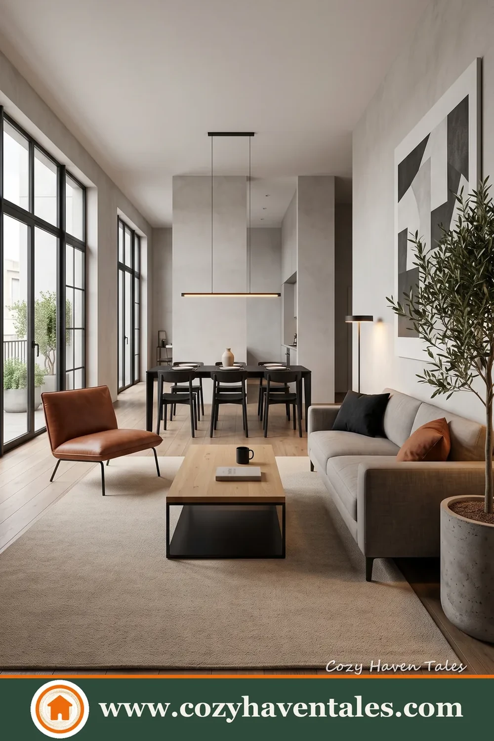 Refined minimalist living room ideas with a soft interior showing statement lighting and clean lines