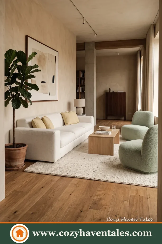 Sunlit minimalist living room ideas with a fresh interior showing the furniture and decor pairing