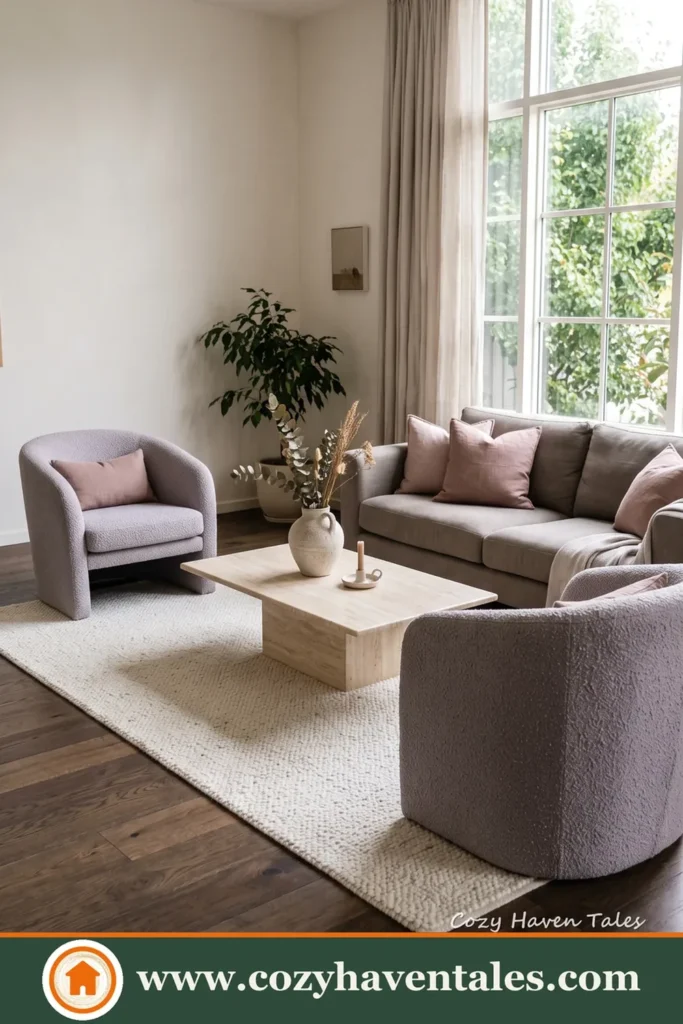 Polished minimalist living room ideas with a warm interior showing natural light and warm materials