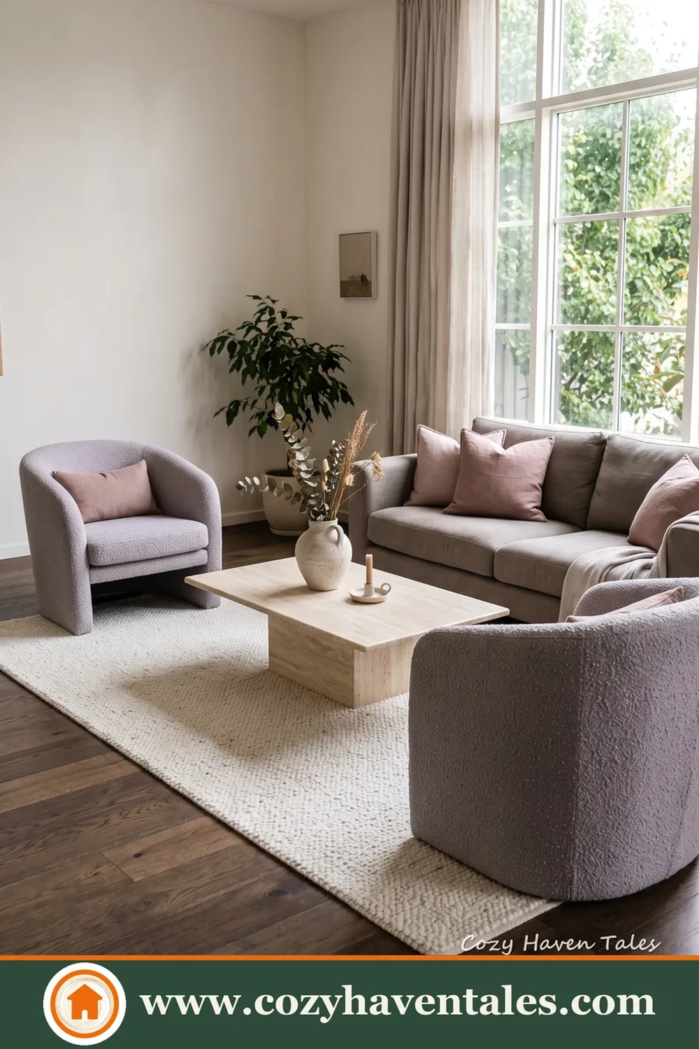 Polished minimalist living room ideas with a warm interior showing natural light and warm materials