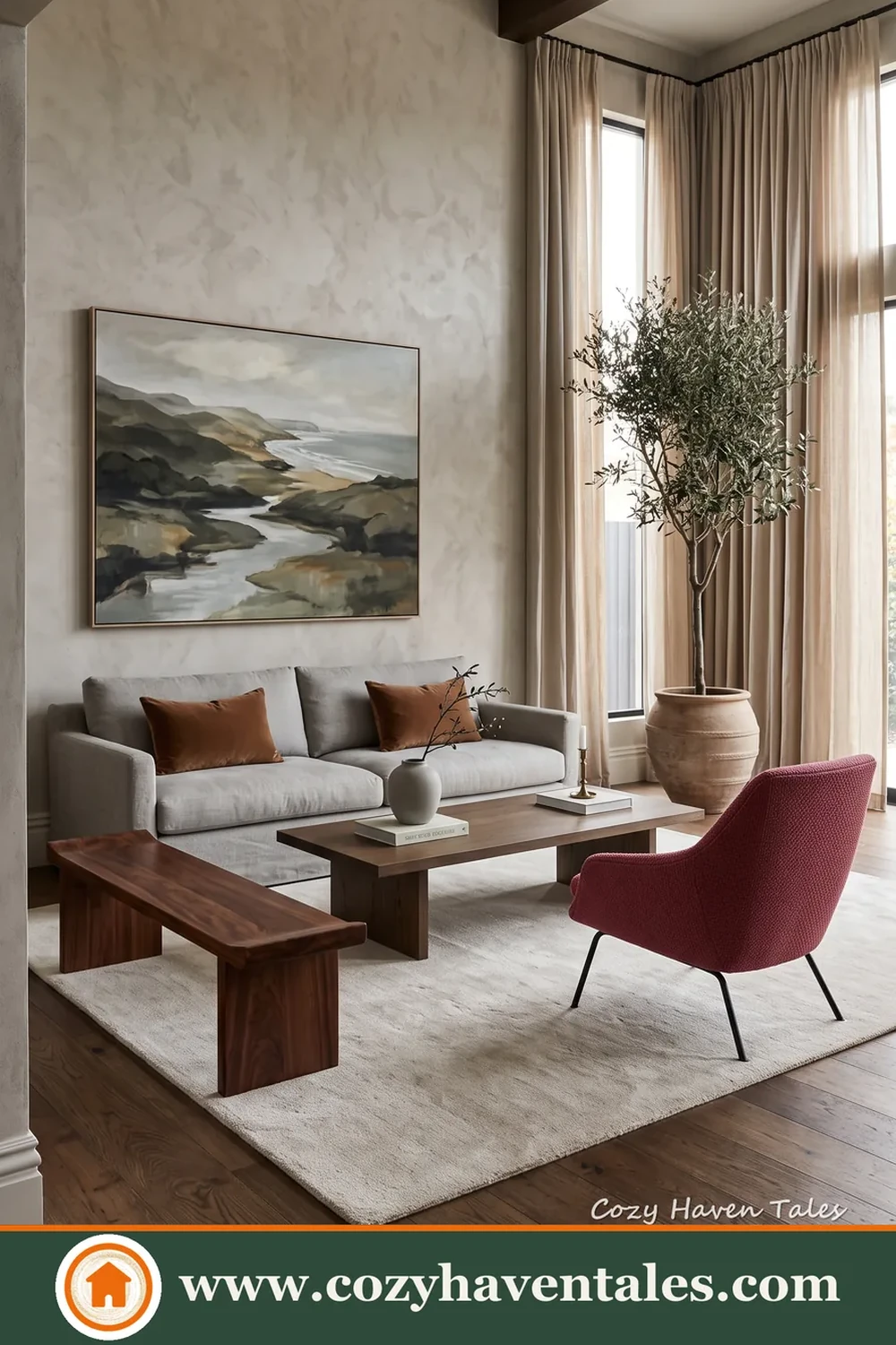Modern interior design idea showing natural light and warm materials