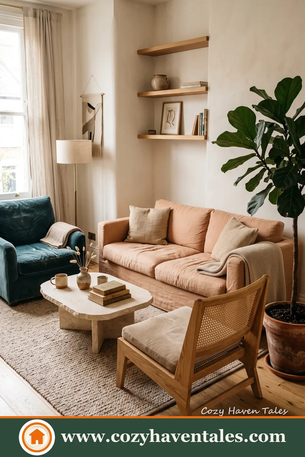 Sunlit interior design idea showing the furniture and decor pairing