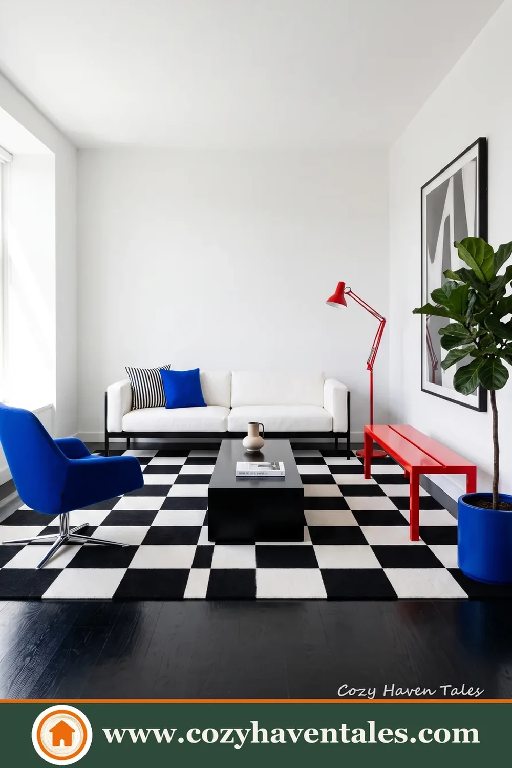 A graphic checkerboard floor brings energy to a simple white living room.