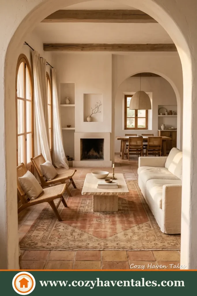 Curved openings and aged wood details soften this calm neutral living room.