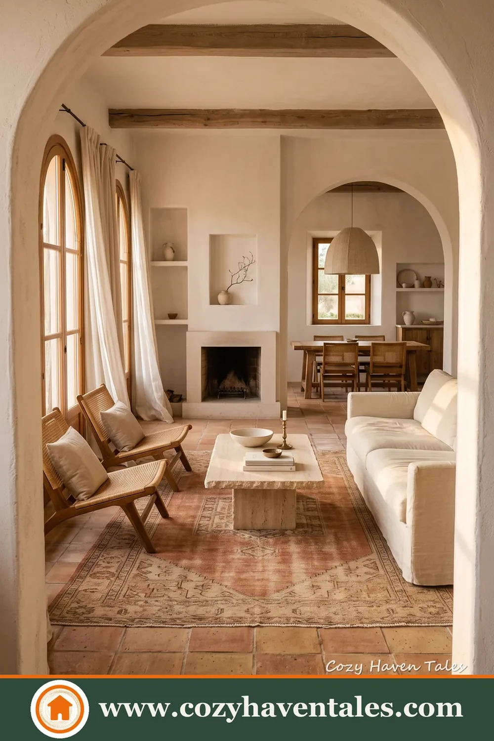 Curved openings and aged wood details soften this calm neutral living room.