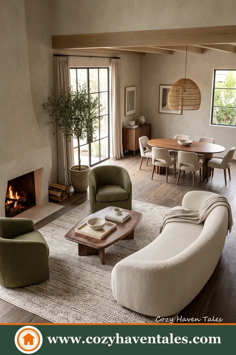 A sculptural curved sofa creates an easy flow through this open-plan room.