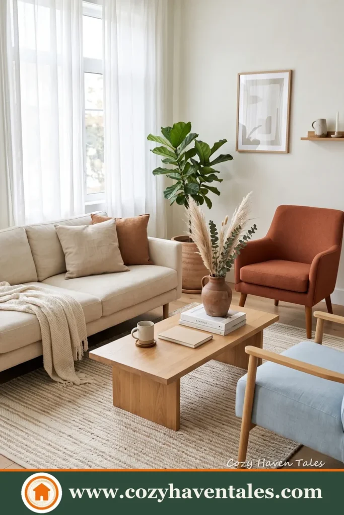 Two contrasting chairs add personality without making the room feel crowded.