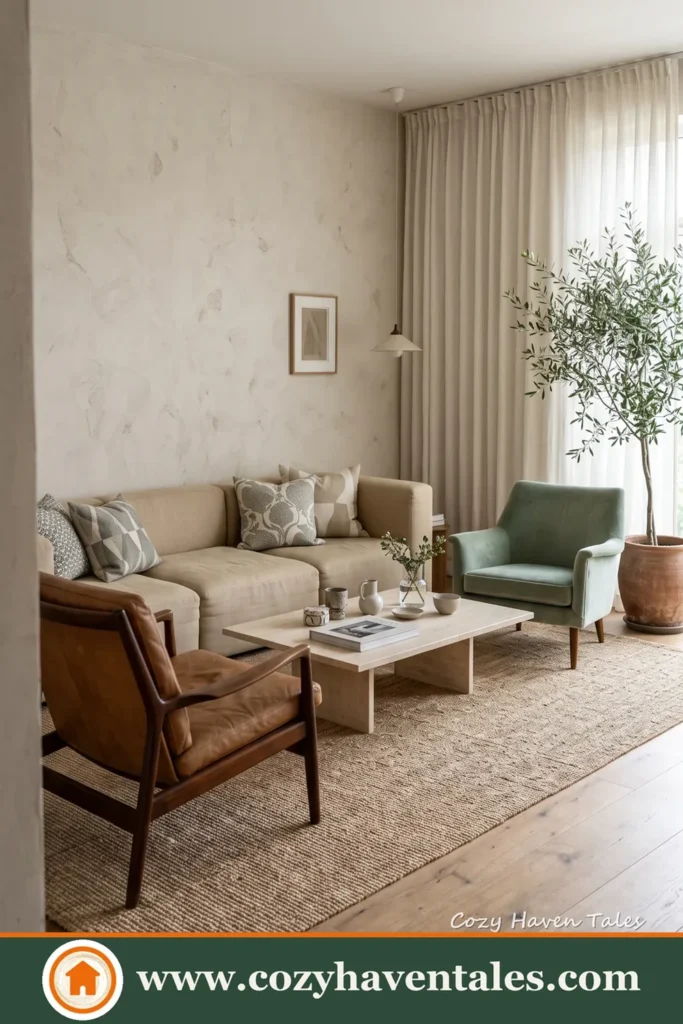Vintage-inspired furniture keeps this pared-back room from feeling impersonal.
