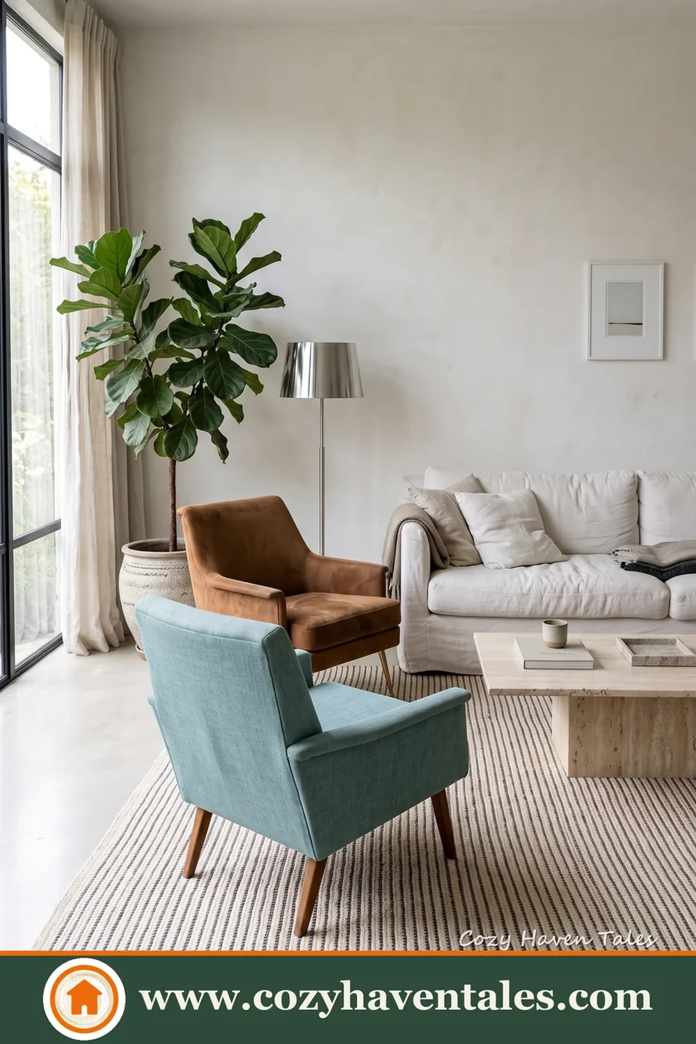 One blue chair gives the quiet room a clear focal point.
