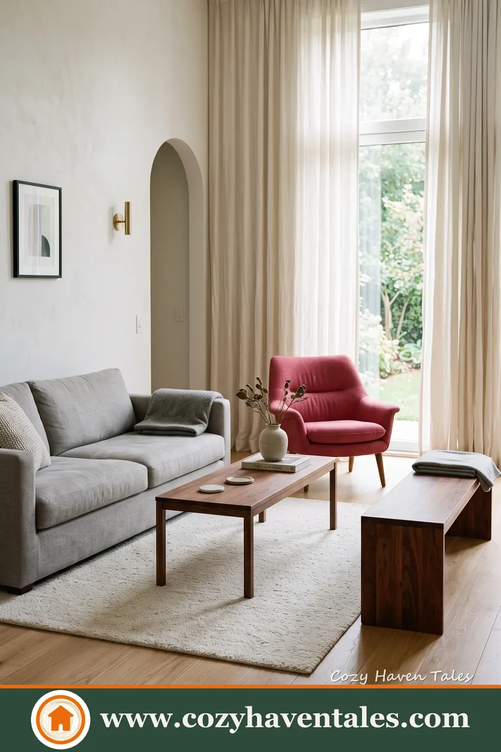 Olive green, rust and warm wood create a compact room with plenty of character.