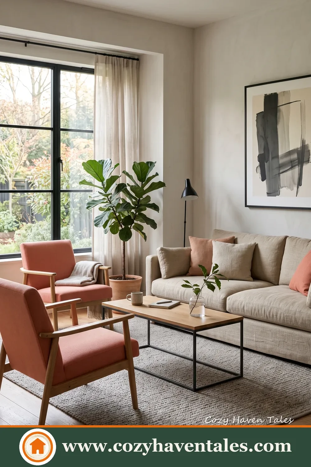 Rust-colored chairs add warmth while the open-legged furniture keeps the room airy.