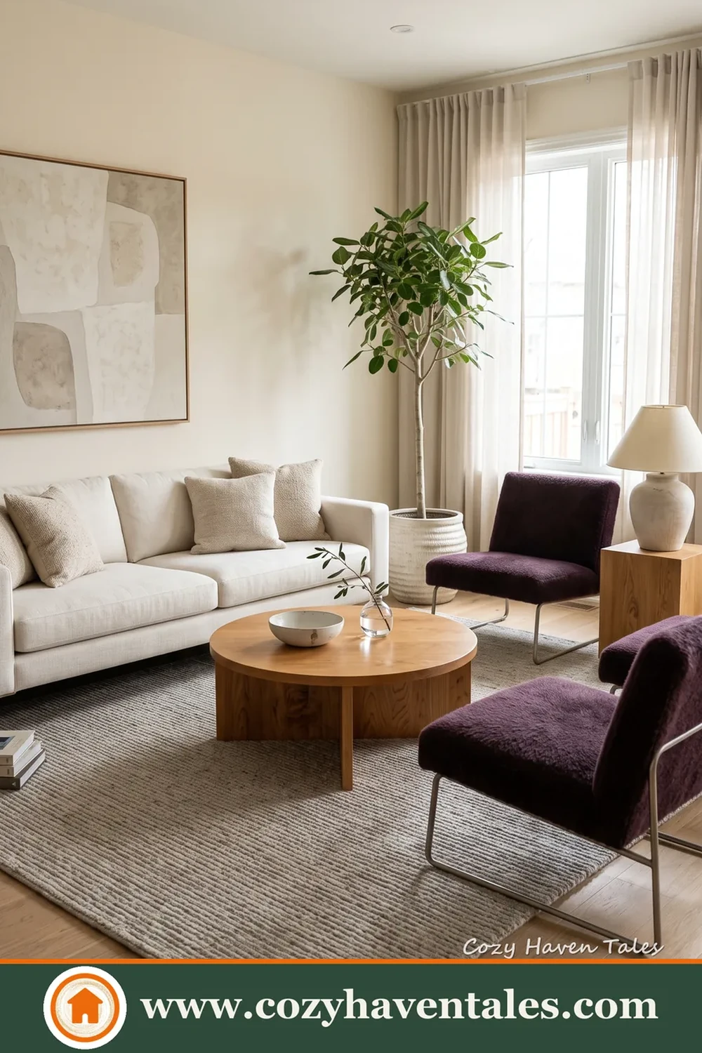 Deep plum chairs introduce rich color into an otherwise restrained neutral room.