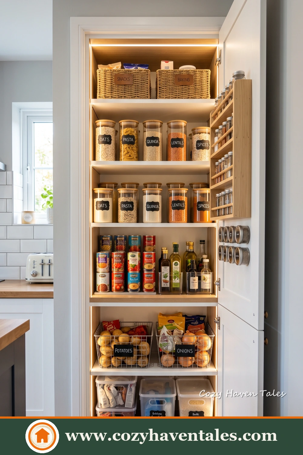 Slim built-in pantry with illuminated wooden shelves for jars, bottles and packaged food