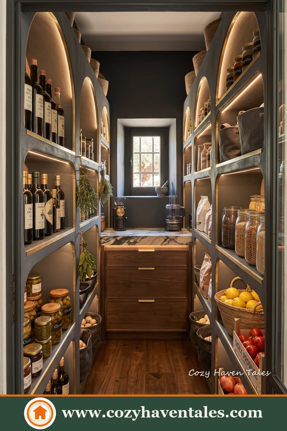 Narrow dark pantry with curved wooden shelves, warm lighting and drawers at the end