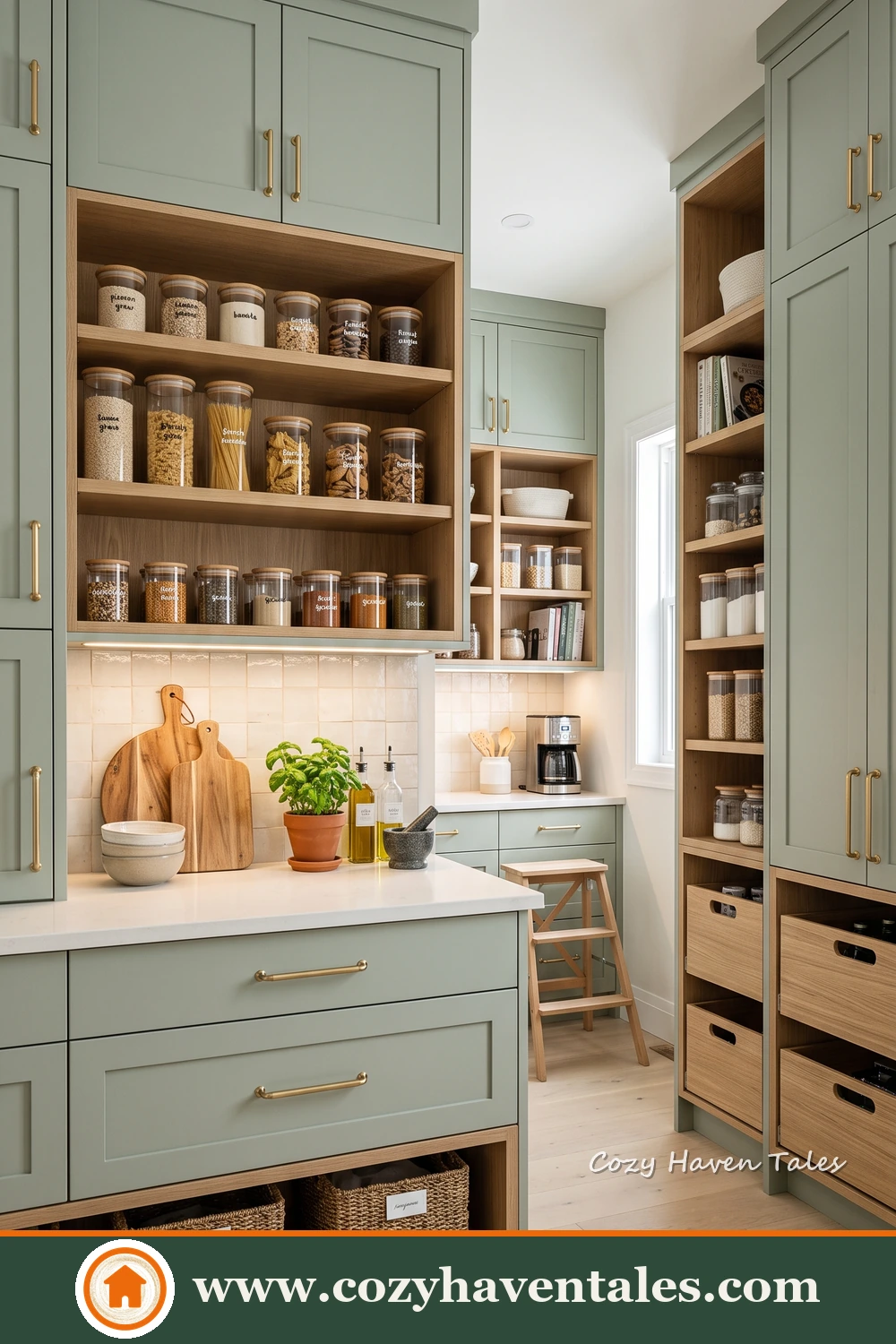 Sage green pantry with open shelves and a central worktable with drawers and baskets