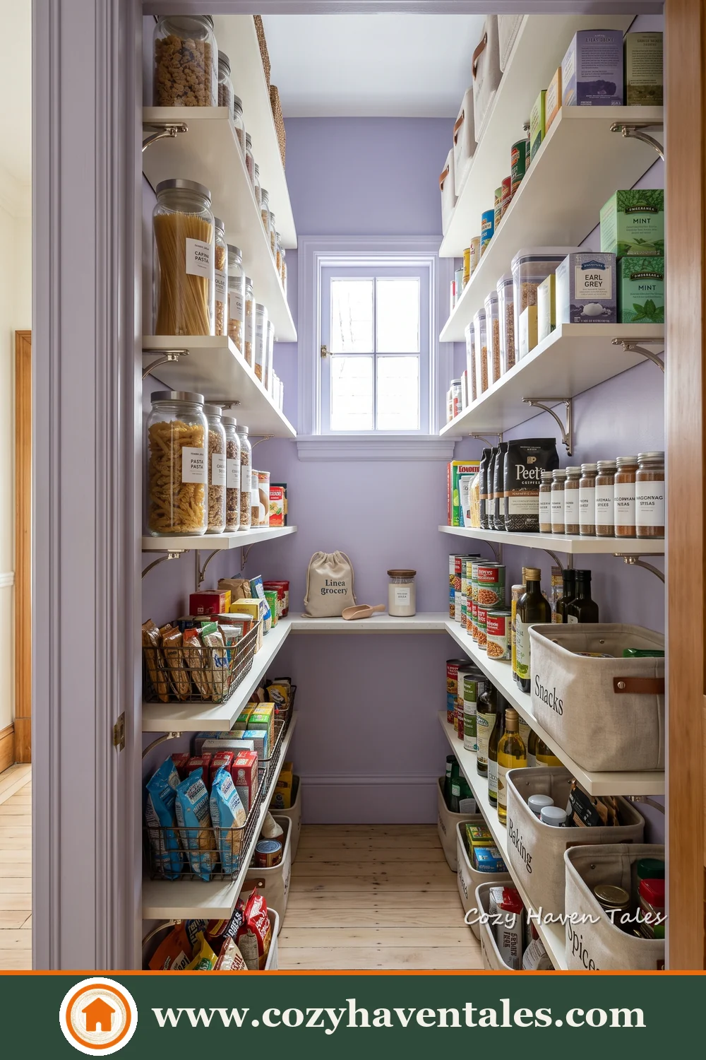 Narrow utility pantry with white open shelves, organised groceries and a window