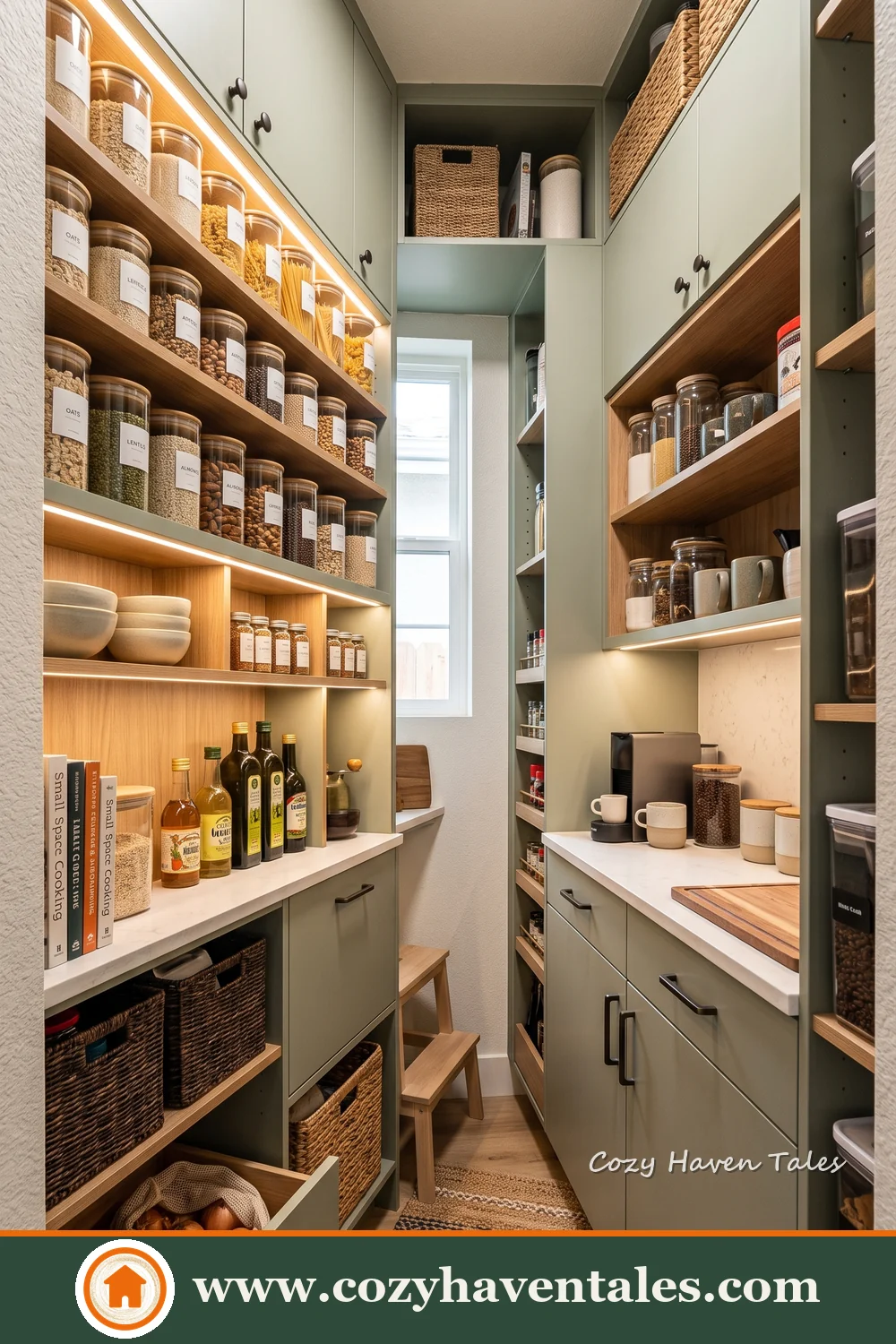 Narrow pantry with wooden open shelves, dark lower cabinets and counters on both sides
