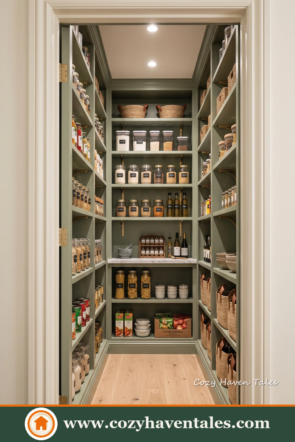 Compact U-shaped pantry with dark green shelving and organised food containers